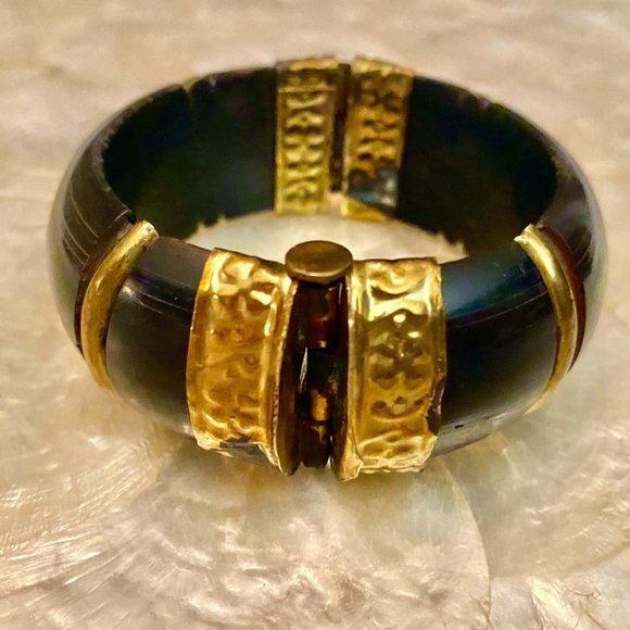 Vintage Jewelry - Vintage Bohemian Unique Horn and Hammered Metal Wide Bangle Bracelet